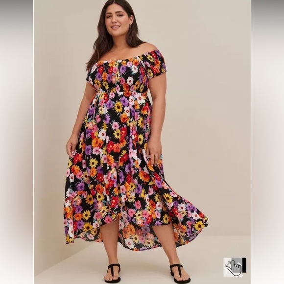 torrid Dresses & Skirts - Torrid Maxi Challis Off-Shoulder Dress bright color flower smocked top 14/16 (1)